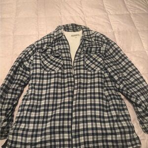Sherpa-Lined Plaid Zip-Up Shirt Jacket - Black & White